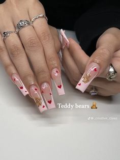 Bear Nails, Bears Nails, Vintage Nails, Diy Acrylic Nails, Glow Nails, Long Acrylic Nails Coffin, Pink Acrylic Nails