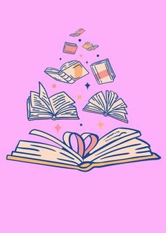 an open book with flying books coming out of it on a pink background illustration by person