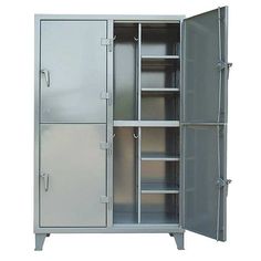 a metal cabinet with two doors and shelves on both sides, open to reveal the contents