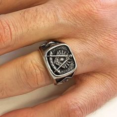 "❥ All of our cargoes are sent by express shipment. Cargoes can be delivered to Europe within 1-2 days after product preparation, to USA and Canada within 2-4 days, to Australia, Asian- Othe American countries and other regions within 3-5 days. Compass Embossed Masonic Ring, Sterling Silver Customized Masonic Ring, Personalized Masonic Ring, Silver Masonic Ring, Masonry Ring Compass Embossed Masonic Ring are the identifying accessory for a Freemason. Symbols that depict freemasons, master mason Adjustable Engraved Stainless Steel Rings, Timeless Stainless Steel Rings As A Gift, Timeless Stainless Steel Rings As Gift, Timeless Stainless Steel Rings For Gift, Stainless Steel Engraved Ring With Polished Finish, Silver Stainless Steel Jewelry With Ring Detail, Adjustable Stainless Steel Rings For Formal Occasions, White Gold Engraved Ring In Stainless Steel, Formal Stainless Steel Round Rings