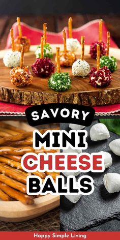 mini cheese balls on a wooden platter with text saying savory mini cheese balls