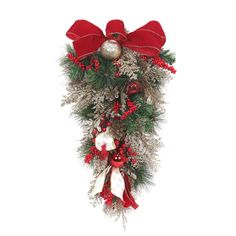 a christmas wreath with red bows and ornaments hanging from it's side on a white background