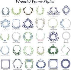 a bunch of frames with flowers and leaves on the top one is blue, white and green