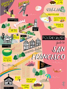 the san francisco neighborhood map is shown in pink and yellow, with many different things on it