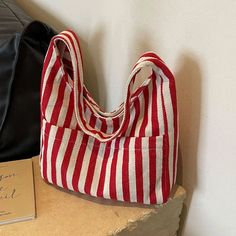 UAKISS - Canvas Bag for Women 2024 New Shopper Handbags Shoulder Tote Bag Casual Stripe Large Capacity School Bags Girls Red Double Handle Bag With Mobile Phone Pocket, Red Double Handle Bag For Mobile Phone, Casual Canvas Shopping Bag With Mobile Phone Pocket, Large Capacity Red Baguette Bag For Travel, Red Travel Baguette Bag With Large Capacity, Red Baguette Bag With Large Capacity For Travel, Small Canvas Bag For Shopping, Canvas Mobile Phone Bag For Shopping, Red Large Capacity Box Bag For Travel