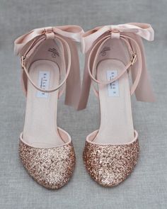 Rose Gold Rock Glitter Block Heel with Back Satin Bow, Women Shoes – Kailee P. Inc. Pink Wedding Shoes With 4-inch Heel, Party Heels With Satin Bow And Low Heel, Party Heels With Satin Bow And Block Heel, Open Toe Bridesmaid Wedding Shoes With Bow, Elegant 4-inch Block Heels For Party, Bridesmaid Open Toe Wedding Shoes With Bow, Elegant 4-inch Party Block Heels, Low Heel Wedding Shoes With Bow For Party, Pink Low Heel Block Heels For Formal Occasions