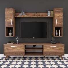 an entertainment center with shelves and a flat screen tv mounted on it's wall