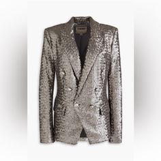 Perfect Condition New With Tags Beautiful Gunmetal Blazer Could Be Worn Elevated Or Just With Jeans And A Graphic T-Shirt! True To Size Luxury Metallic Outerwear For Evening, Elegant Metallic Blazer For Night Out, Fitted Silver Blazer For Evening, Glamorous Metallic Formal Outerwear, Luxury Silver Outerwear For Parties, Luxury Metallic Party Outerwear, Silver Sequined Outerwear For Evening, Elegant Silver Blazer For Evening, Silver Sequined Evening Outerwear