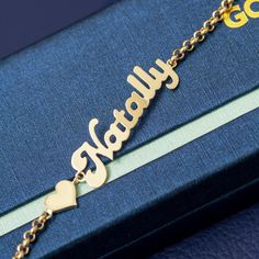 "Personalized Name Gold Bracelet, 14k Solid Gold Name Bracelet, Mothers Gold, Dainty Custom Name Bracelet is a Great Gift For Her. Material: Solid Gold, real gold (not gold filled or no gold plated) Karat: 14 K (585) Height of Name: 9 - 10 mm The thickness of the name: 0.50 mm Bracelet Length: 6\" - 9\" M o r e * F r o m * U s Goldstore Jewelry - https://etsy.me/3gHtcrZ * Urn Necklaces - https://etsy.me/2Asb4BM * Bar Necklaces - https://etsy.me/2MhoVxO * Name Necklaces - https://etsy.me/3cid2Cg Customized Gold Chain Bracelet For Anniversary, 14k Gold Name Bracelet For Anniversary, Elegant Name Bracelet With Hallmark For Anniversary, Yellow Gold Name Bracelet For Valentine's Day Anniversary, Yellow Gold Name Bracelet For Anniversary On Valentine's Day, Gold Nameplate Bracelets For Valentine's Day, Customized Gold Charm Bracelet For Anniversary, Gold Bracelets For Birthday Gift On Valentine's Day, Yellow Gold Name Bracelets For Mother's Day