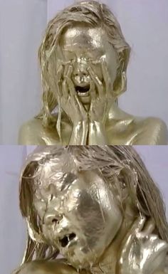 two pictures of a woman covered in gold paint