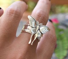 "Luna Moth Ring Set details: -Solid .925 sterling silver -Luna Moth measures approx. 25x25mm(wing span), Double Stacked ring band measures 3mm wide -1.2mm Beaded stack ring -3mm wide Boho Floral Pattern band -Comfortable and easily stackable! -Available in US sizes 1-11 with half sizes. *Single Luna Moth Ring shown here: https://www.etsy.com/listing/816428196/luna-moth-ring-moth-ring-sterling-silver?ref=shop_home_active_1&frs=1 Looking for a last minute or unique Christmas gift? Visit our \" Double Stacked Ring, Moth Ring, Moth Jewelry, Creative Engagement Rings, Birthday Luxury, Beaded Stacking Rings, Jewelry Butterfly, Glam Jewelry, Rustic Weddings