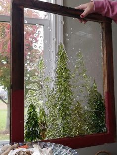 a person is holding up a window pane with plants in it