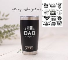 a yeti tumbler cup with the words in my family is dad printed on it