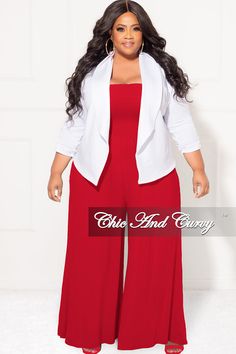 Polyester %: 95 Spandex %: 5 Model is wearing 1x Jacket sold separately click here Plus Jumpsuit Outfit Plus Size, Plus Size Red Outfits, Red Outfit Plus Size, Ashley Outfits, Wedding Guest Pants, Jumpsuit With Jacket, Camera Poses, Elegant Pants Suits, Pluse Size