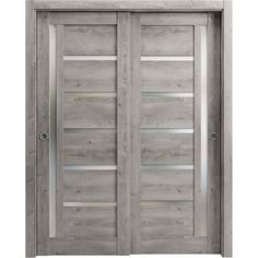 an open wooden door with glass panels on the front and side doors, all in grey wood