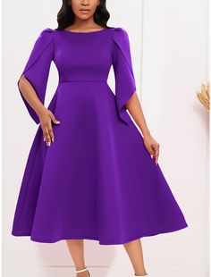 Women's Prom Dress Party Dress Sheath Dress Midi Dress Royal Blue Purple Green Half Sleeve Pure Color Ruched Fall Winter Autumn Crew Neck Fashion Evening Party Vacation Evening Wear Dresses, Banquet Dresses, 파티 드레스, Womens Prom Dresses, Elegant Party Dresses, Petal Sleeve, Dresses Royal, Royal Blue Dresses, Round Neck Dresses