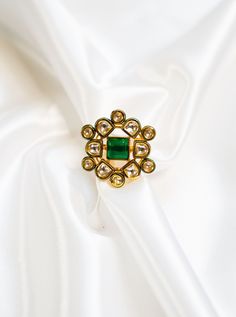 Emerald Ring with Kundan stone Gold Fusion Rings With Stones, Gold Kundan Rings In Temple Jewelry Style, Green Gemstone Jewelry For Ceremonial Occasions, Green Gemstone Jewelry For Ceremonial Use, Gold Emerald Ring Hand Set As A Gift, Fusion Style Gold And Emerald Jewelry, Traditional Gold Emerald Anniversary Ring, Gold Kundan Toe Ring, Festive Gold Kundan Ring