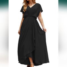 New Without Tags Beautiful Full Length Gown Elegant Short Sleeve Chiffon Prom Dress, Flowy Long Dress For Gala, Flowy Chiffon Short Sleeve Dress For Evening, Black V-neck Maxi Dress For Wedding, Flowy Gala Dresses, Black V-neck Bridesmaid Dress, Elegant Black Chiffon Prom Dress, Flowy Maxi Length Formal Gown, Evening Short Sleeve Chiffon Maxi Dress