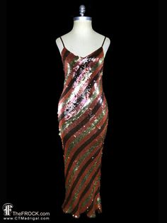 "We're having a NEW YEAR SALE today, on our website and on Etsy too. Discounts apply to all new purchases--including new layaways (not applicable to previous orders, existing layaways, or other credits, exchanges, or discounts.)  Vintage Halston (mainline) solidly sequined silk evening dress. Beaded straps, viscose lined, the dress slips on with no closures. The fabric and the bias-cut liner have some give and will fit many sizes, the bust will stretch from 32\"-38\", the waist will stretch from Fitted Brown Evening Dress For Party, Brown Fitted Evening Dress For Party, 70s Shimmer Dress, 70s Marble Dress, Sequin Dress 70’s, Vintage Halston Dress, Halston Dresses 1970s, Halston Vintage, 1970s Fitted Multicolor Maxi Dress