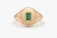 "Emerald Signet Ring in 14k Gold / Baguette Emerald Pinky Ring / Gold Pinky Ring Features *Made to Order. *Gold Kt: 14K *Custom Gold Color: Rose Gold, Yellow Gold, White Gold *Baguette Emerald: 1pcs 4.2x 2.3MM *Total CTW: 0.15ctw *Setting Type: Bezel *Width of Band: Graduates from 7.5MM to 2MM *Center Oval: 10.00mm x 8.5mm *Ready to Ship in 7-10 Business Days Be sure to hit \"favorite\" on the right so it remains on your favorites list and/ or add to your wish list(s). ▶ Want to find out more? C Emerald Signet Ring, Radiant Diamond Rings, Gold Pinky Ring, May Birthstone Rings, Pave Diamond Earrings, Diamond Signet Ring, Gold Heart Earring, Gold Signet Ring, Diamond Gold