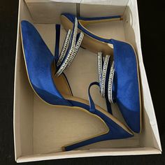 Royal Blue Women Stiletto Pumps/Heels With Rhinestones And Glamorous Faux Suede, Size 9 Us, 40 Eur. Never Worn, Brand New. Blue Rhinestone Pointed Toe Heels, Blue Pointed Toe Heels With Rhinestones, Blue Ankle Strap Heels With Rhinestones, Blue Party Heels With Rhinestones, Elegant Blue Heels With Rhinestones, Blue Lace Heels, Heels With Rhinestones, Blue Stilettos, Lace Heels