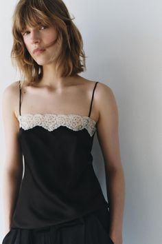 LACE LINGERIE STYLE TOP ZW COLLECTION Lace Top Lulus, Black Cami Blouse, Romantic Fitted Camisole Affordable, Lace Camisole And Shorts, Lace Undershirt Women, Necklace With Lace Top, Bralet Over Dress, White Button Down Black Lace Bra, Lace Fabric Clothes