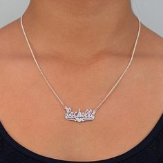 This Name Necklace with Lower Tails & Heart "Alexandra" is available in either: Silver Plated Gold Plated Sterling Silver & 14K Gold over Sterling Silver. You can choose up to 10 letters. The pendant length is approximately 1-1/3" and the width is approximately 2/3". Monogrammed Cufflinks, Leather Kits, Swarovski Heart, Crown Necklace, Name Earrings, Nameplate Necklace, Diffuser Necklace, Mothers Necklace, Bee Charms