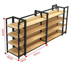 a wooden shelf with metal frame and shelves on both sides, measurements for each shelf