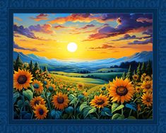 a painting of sunflowers and mountains at sunset