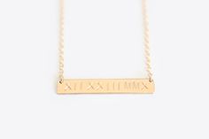 Roman Numeral Date Necklace - Hand Stamped Nameplate Necklace - 14k Gold Filled Minimalist Gold Nameplate Bar Necklace, Classic Everyday 14k Gold Bar Necklace, Simple Gold Name Necklace With Delicate Chain, Dainty 14k Gold Bar Necklace, Classic Gold Bar Necklace For Everyday, Classic Gold Name Necklace For Everyday, Minimalist Gold Bar Necklace With Name, Simple Gold Name Necklace For Anniversary, Dainty 14k Gold Bar Necklace Gift