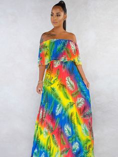 Material: Polyester & Chiffon. Breathable. Lightweight. Soft-touch. and comfortable to wear. Feature: Sexy Off Shoulder. Sleeveless. Tie Dye Ombre Color Block. Full Length. Loose Fit. Pleated. Ruffle. Flowy Swing Summer Beach Maxi Dress. Occasions: Perfect for Casual. Daily wear. Vacation. Wedding. Office. Summer. Beach. Trip. Bridesmaid. Party. Cocktail. and Date. The unique design will make you be more beautiful and fashionable and elegant. Size Chart:Note:1. The size chart is for reference only. There may be a 1-2 cm deviation in different sizes.2. Color may be lighter or darker due to the different PC displays.3. There may be a slight difference in detail and pattern. Non-stretch Multicolor Floral Print Maxi Dress, Multicolor Printed Chiffon Maxi Dress, Strapless Stretch Maxi Dress For Vacation, Stretch Strapless Maxi Dress For Vacation, Chiffon Stretch Beach Dress, Multicolor Chiffon Sleeveless Maxi Dress, Tropical Multicolor Strapless Dress, Multicolor Tropical Strapless Dress, Multicolor Sleeveless Chiffon Maxi Dress