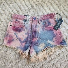 Nwt Tie-Dyed Denim Shorts. 100% Cotton. Pink Bottoms With Frayed Hem For Summer, Pink Frayed Hem Shorts For Summer, Pink Relaxed Fit Washed Bottoms, Pink Washed Relaxed Fit Bottoms, Pink Cutoff Bottoms For Summer, Pink Shorts With Frayed Hem For Spring, Pink Jeans With Frayed Hem For Summer, Pink Frayed Hem Shorts For Spring, High Rise Multicolor Cotton Bottoms