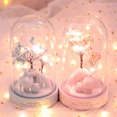 two small snow globes with lights on them