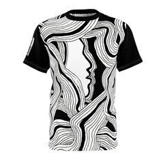 Embrace the essence of presence with the "I'm Here" AOP (All Over Print) Wearable Art Tee. This piece, originating from Michael Kunz's Amsterdam series, is a striking black and white creation that features a silhouette of a face surrounded by flowing, wavy lines that create an almost hypnotic effect. The intricate details and bold contrast capture the artist's contemplative exploration of self and space during his time in Amsterdam. Each line weaves into the next, symbolizing the interconnectedn Wavy Lines, All Over, A Face, Intricate Details, Wearable Art, All Over Print, Light Fabric, Unisex T Shirt, Gender Neutral