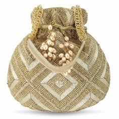 ITEM DETAIL KEY FEATURES : Potli Bag Dimension:- L - 8 x W - 0.8 x H - 6.6 Inches, Weight- 0.27 KG | Type:- Drawstring | Color:- Gold | Size:- Regular | Material:- Fabric DESIGN: Embellished with Indian hand work, the soft fabric interior of the evening bag has enough room to keep your credit card, cash, and other small essentials like mobile phones, lipstick, highlighter, keys. The beaded bag comes with tassel dori drawstring and pearl handle. OCCASION: These women’s evening handbags are perfec Beaded Rectangular Potli Bag For Festive Occasions, Beaded Shoulder Bag For Festivals Gift, Festive Beaded Rectangular Potli Bag, Festive Rectangular Beaded Potli Bag, Festive Beaded Shoulder Bag As Gift, Festive Beaded Shoulder Bag Gift, Festive Beaded Shoulder Bag For Gifts, Gold Pouch Bucket Bag As Gift, Gold Pouch Bucket Bag Gift