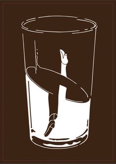 a drawing of a person in a glass with water on the bottom and one hand up