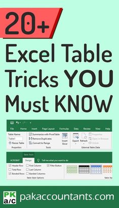 the excel table tricks you must know poster with text that reads, 20 + excel table tricks you must know