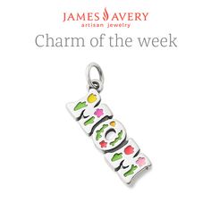 This sterling silver "Mom" charm is hand-painted with enamel flowers to celebrate the beauty of a mother's unconditional love. #GiftForMom #MomCharm #Mom #JamesAvery Mother's Day Charms For Mom, Mother's Day Charms Gift For Mom, Mother's Day Gift For Mom Charms, Sterling Silver Flower Charm, Personalized White Sterling Silver Charms, Mother's Day Gift Charms, Sterling Silver Flower Charm Gift, Sterling Silver Jewelry For Mother's Day, Personalized White Charms For Mother's Day