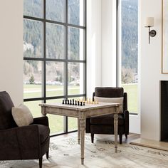 a living room filled with furniture and a chess board