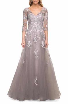 La Femme Floral Lace & Tulle Gown | Nordstrom Tulle Long Skirt, Sheer Lace Dress, Lace Evening Gowns, Tulle Gown, A Line Gown, Bride Style, Groom Dress, Tulle Lace, Sheer Sleeves