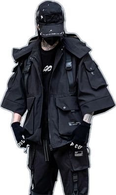 Tactical Hooded Outerwear With Pockets, Black Utility Jacket With Adjustable Hood For Streetwear, Tactical Outerwear With Cargo Pockets For Outdoor Activities, Black Utility Sports Outerwear, Tactical Outdoor Outerwear With Cargo Pockets, Tactical Outerwear With Side Pockets For Outdoor Activities, Black Cyberpunk Outerwear With Detachable Hood, Cyberpunk Outerwear With Detachable Hood For Streetwear, Streetwear Techwear Utility Jacket With Adjustable Hood