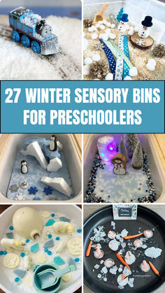 A fun collection of winter sensory bins for preschoolers, featuring playful items like a toy train, snowmen, and penguins. Each bin is filled with various textures and materials to engage young children in imaginative play during the cold season. Perfect for hands-on learning! Winter Sensory Bin, Winter Activities Preschool, Sensory Bin, Winter Themed, Sensory Bins, Winter Activities, Hands On Activities, Winter Theme, Fine Motor Skills