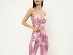 Metallic bell bottoms pants and crop set are extremely stunning with wonderful pink color! At all dance and music parties, especially rave and parties, festivals, birthdays, bachelorette parties and nightclubs... Wherever you want to shine, it's the perfect choice for you. With metallic flare pants, you can easily adapt to the parties of the 1970s and 1980s. You can choose our hanging crop or bell sleeve crops. For purchase as separate parts, please visit our page. The inner seam length is prepa Pink Stretch Pants For Party, Disco Style Bottoms For Spring Costume Party, Pink Summer Festival Sets, Fitted Spring Club Sets, Spring Disco Club Bottoms, Fitted Party Sets For Festival, Fitted Sets For Party And Festival, Pink Disco Party Bottoms, Fitted Party Set For Festival