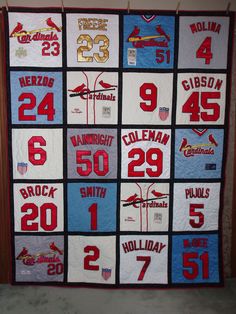 a quilt made to look like the baseball team's jersey number and name is displayed