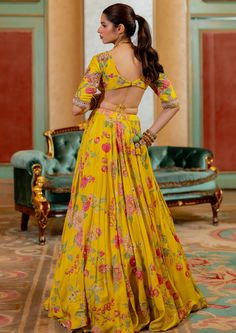 Featuring the lime yellow lehenga set in our signature print, paired with silk based blouse and tissue based dupatta, heavily embellished with hand embroidery and detailing full of beads and sequins. Uncut Diamond Necklace, Printed Lehenga, Yellow Lehenga, Lotus Print, Lime Yellow, Soho Nyc, Nehru Jackets, Western Wedding, Uncut Diamond