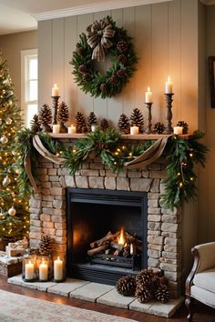 a fireplace decorated for christmas with pine cones and candles