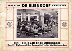 an old advertisement for a restaurant with many tables and chairs in the middle of it