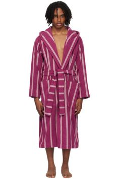 Tekla - Pink Hooded Bathrobe Hooded Bathrobe, Shawl Collar, 12 Days, Front Open, French Terry, Organic Cotton, Stripes, Gift Ideas, Free Shipping