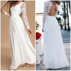 two pictures of dresses with open back and long sleeves, one is white and the other has