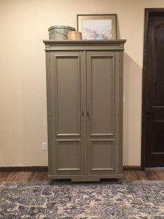 a tall gray cabinet sitting on top of a rug